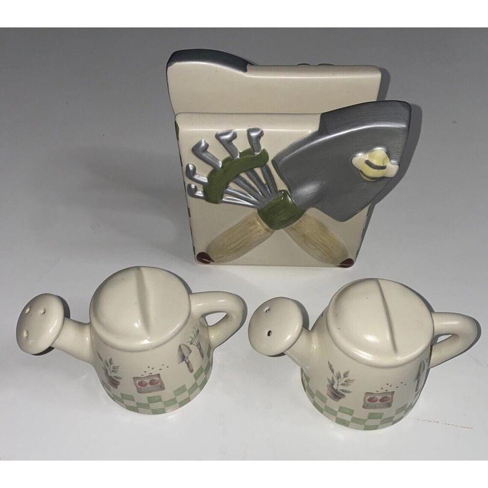 Sonoma Watering Can Salt Pepper Shaker Napkin Holder Set Garden Scenes